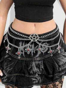 ROMWE 1pc Women Gothic Style Cross Decor Chain, Silver & Black Color, Versatile Accessory For Dresses, Halloween - Silver Red Cross Pentagram Multilayer Chain Waist Chain - View 4