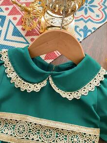 SHEIN 1件女婴彼得潘领蕾丝边泡泡袖高腰可爱休闲复古迷你连衣裙，适合春夏日常穿着或旅行 - 綠色 - 查看 5