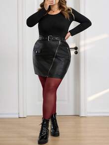 SHEIN CURVE+ Plus Size Fashionable Commuter Sheer High Stretch Leggings - Burgundy - View 9