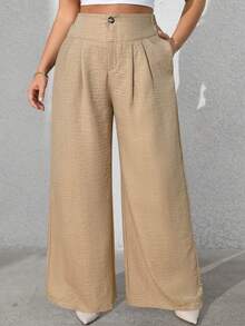 Vionelle 大码女式优雅法式休闲纯色长裤，秋冬季 - 杏色 - 查看 4