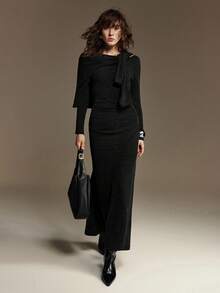 Ontre 2026春夏新款女士修身简约百搭超长连衣裙，都市通勤商务休闲装，情人节派对、婚礼宾客、度假等场合的优雅之选 - 黑色 - 查看 9