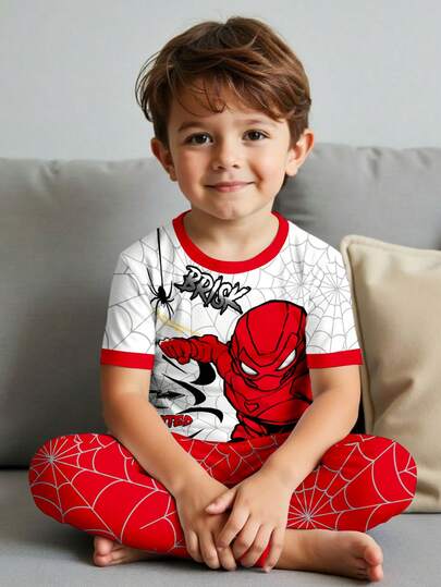 SHEIN Pijama ajustado de manga corta y cuello redondo, cómodo y minimalista, para niño pequeño, adecuado para primavera y verano, con estampado clásico de telaraña y personaje de superhéroe araña