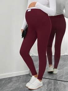 SHEIN 可调节高腰字母印花孕妇打底裤，休闲通勤装 - 酒紅色 - 查看 5