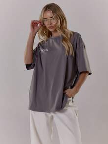 MUSERA 超大款修身标语T恤，秋冬街头风，酷女孩Y2K日常休闲风，春夏复古风 - 深灰色 - 查看 5