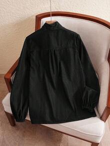 SHEIN LUNE 女款休閒綁帶領牛仔上衣，秋季 - 黑色 - 查看 2