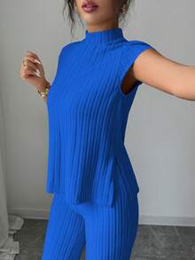 SHEIN Elenzya Set de 2 piezas de top de manga corta acanalado y pantalones elegantes y casuales - Azul - Ver 3