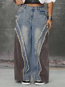 ROMWE Grunge Punk Jeans anchos de pierna ancha con diseño de split retro lavado para mujer de talla grande - Azul - Ver 2