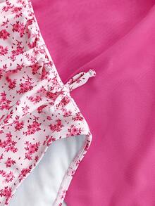 SHEIN 少女粉色碎花镂空连体泳衣，带裙式罩衫，度假风 - 粉色 - 查看 5