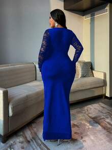 NU&NOW 大码女式纯蓝色心形领口蕾丝拼接系带性感优雅开衩长袖连衣裙，适合约会、通勤、派对、度假等场合。 - 寶藍色 - 查看 3