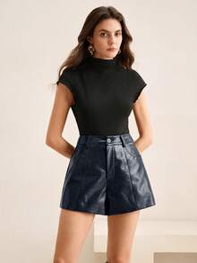 Anewsta Fashionable Commuter Chic Shiny Polarized PU Leather Burgundy Women's Shorts, Summer New Year's - Navy Blue - View 3