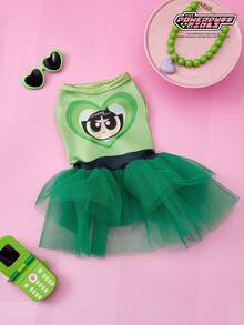 THE POWERPUFF GIRLS X PETSIN 1件黑色头发大眼睛女孩爱心印花宠物连衣裙 绿色简约风格亲肤透气宠物服装 - 綠色 - 查看 2