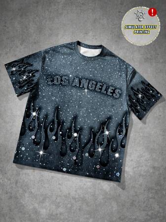 Manfinity Roghcode Camiseta casual de manga corta con cuello redondo, estampado de llamas y letras para hombre en verano