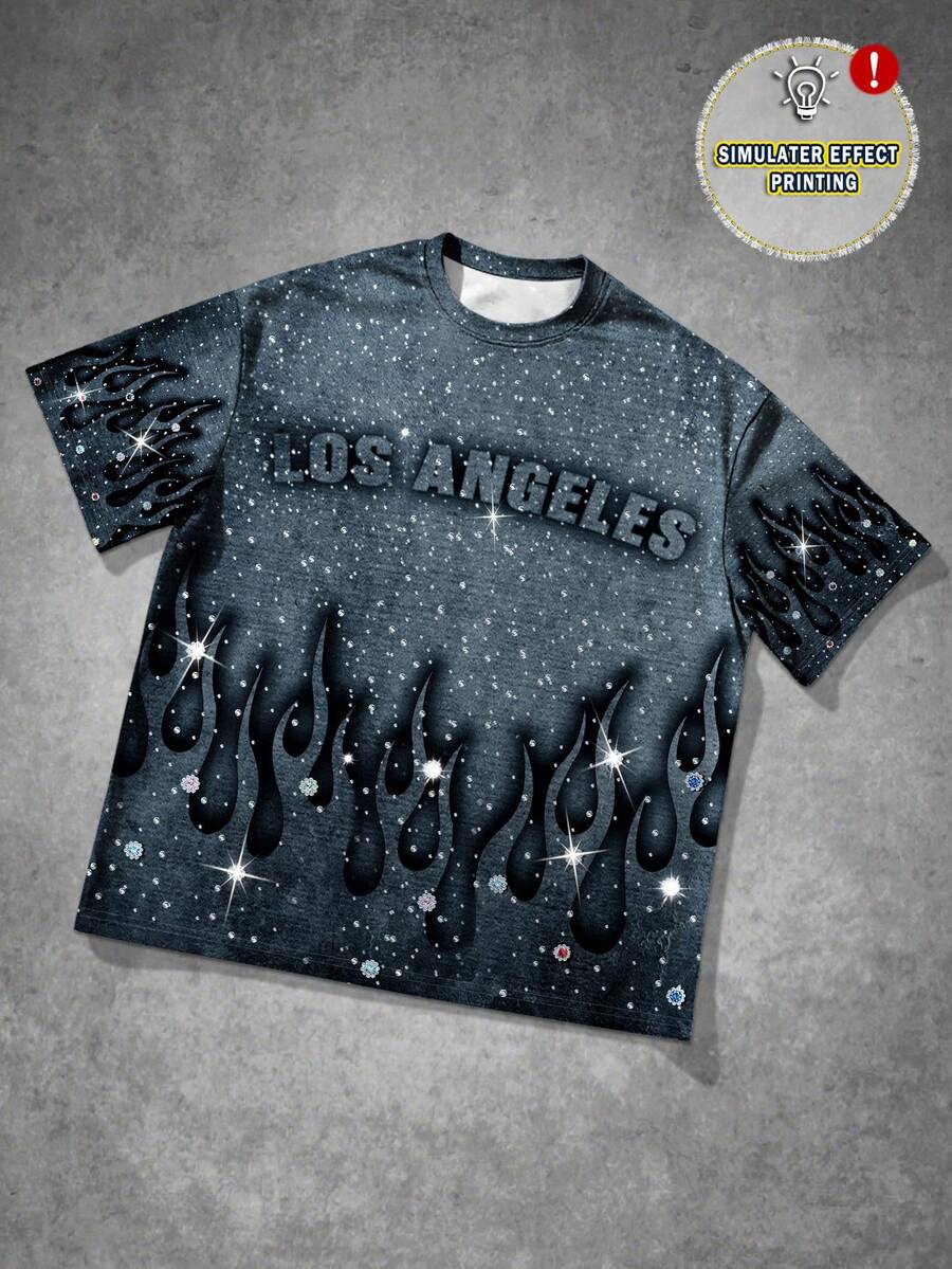 Manfinity Roghcode Manfinity Streetrush Men's Summer Letter & Flame Print Round Neck Short Sleeve Casual T-Shirt