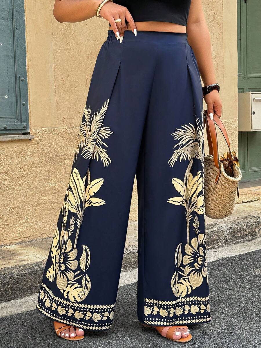 SHEIN Clasi 大码热带印花休闲度假裤 - 藍色 - 查看 1