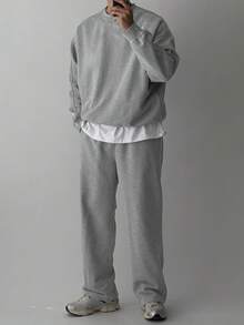 DAZY 男士纯灰色保暖圆领卫衣套装，秋冬季 - 灰色 - 查看 1