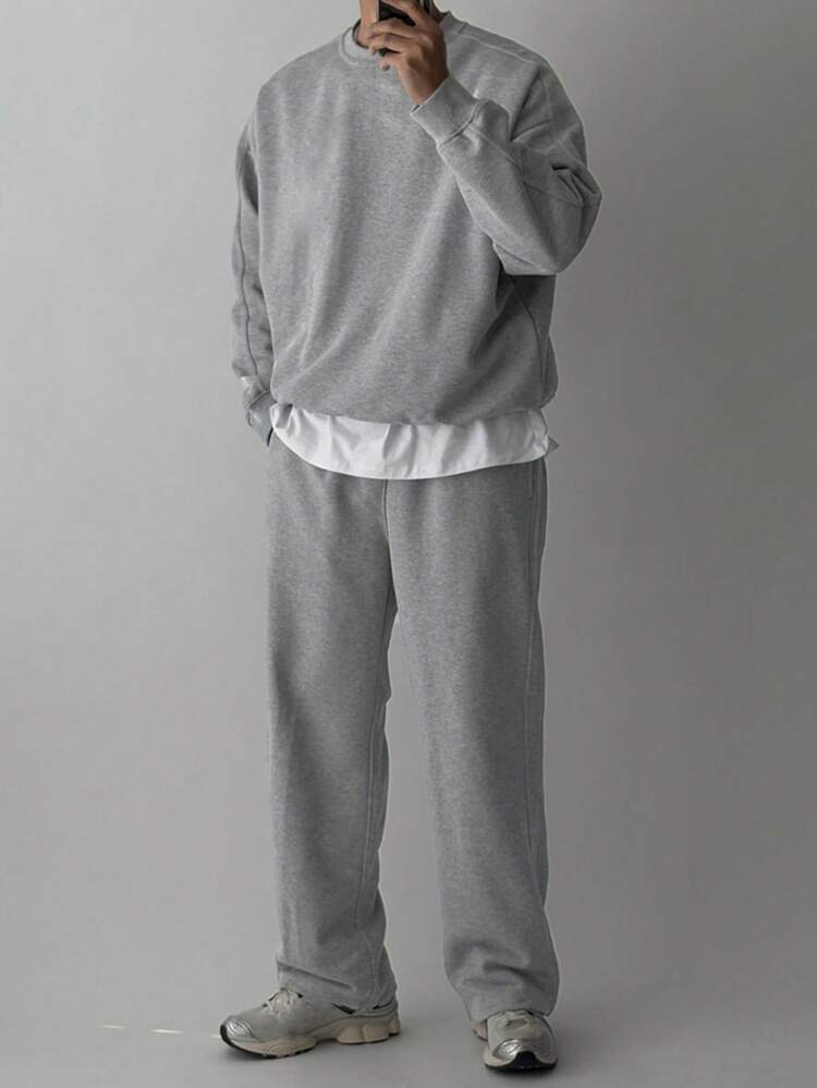 Men's Solid Gray Thermal Lined Crew Neck Sweatshirt Set, Autumn/Winter