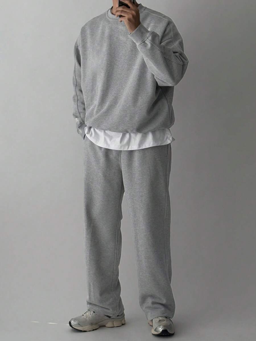 DAZY 男士纯灰色保暖圆领卫衣套装，秋冬季 - 灰色 - 查看 1