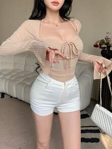 DAZY Women's Solid Color Sweetheart Neck Long Sleeve Front Tie Fitted Fashionable Long Sleeve T-Shirt - Apricot - View 9