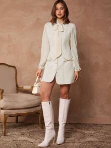 Enchnt Spring Autumn Women's Elegant Off-White Tweed Tie Collar Lantern Sleeve Mini Dress,Chic For Work,Date&&Daily Commute White Dresses - White - View 4