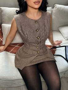 SHEIN SXY Bộ vest nữ cổ tròn cài một hàng khuy họa tiết răng cưa và chân váy ngắn, thời trang cho công sở và đi làm. - Nhiều màu - Xem 1