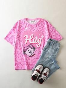 Mr Men Little Miss X SHEIN Tween Girls' Casual Everyday Commute Fashion Street Cute Cartoon Letter & Heart Print Short Sleeve T-Shirt, Summer - Pink - View 1