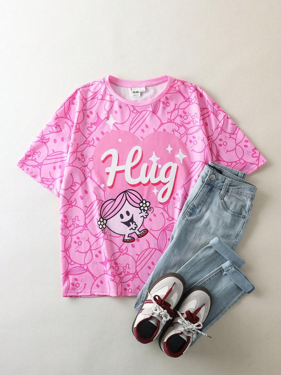 Mr Men Little Miss X SHEIN Tween Girls' Casual Everyday Commute Fashion Street Cute Cartoon Letter & Heart Print Short Sleeve T-Shirt, Summer - Pink - View 1