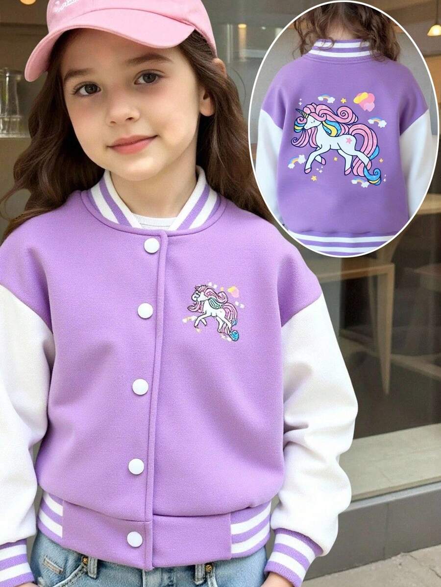 Genkimix Kids 女童可愛獨角獸棒球夾克，秋冬嬰兒白色