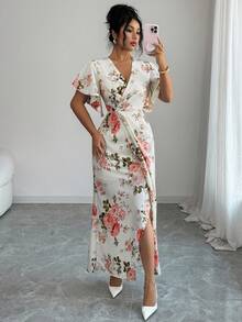 Elenzga Elegantes Kleid mit Rüschenärmeln, V-Ausschnitt und digitalem Muster an der Taille mit Fischschwanzsaum für Damen. Mit taillenbetontener Passform für eine anmutige und romantische Optik. Geeignet für verschiedene Anlässe, von formeller Bürokleidung und Pendeln bis hin zu sexy Outfits, französisch-inspirierten romantischen Styles, Lässig-Outings, Urlaub, orientalisch-vintage-inspirierte Events, gemütliche Nachmittagstee-Treffen, glamouröse Partys sowie Feiern zu Neujahr, Thanksgiving, Weihnachten, Valentinstag und mehr. - Aprikosenfarben - Übersicht 4