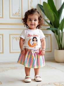 Sparklyn 2pcs/Set Toddler Girls' Cute Printed Short Sleeve Round Neck T-Shirt + Printed Skirt Casual Versatile Spring/Summer Outfit Skirt Summer Sets For Girls Kid Set Skirt And T Shirt Birthday Outfits For Girls Skirt Girl Shirt And Skirt Set Rainbow Skirt Kids - Multicolor - View 1