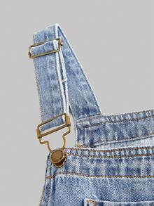 SHEIN Tween Girls' Casual Loose Fit Wide Leg Blue Denim Overalls With Pockets - Light Wash - View 6