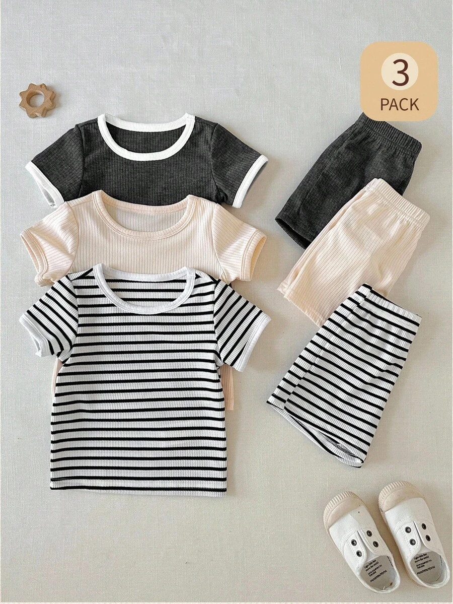 SHEIN Set de 6 piezas de ropa casual para bebé niño con diseño de rayas y estilo minimalista, que incluye camiseta de manga corta y pantalones cortos, adecuado para deportes y juegos al aire libre - Multicolor - Ver 1