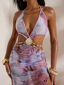 Opulessa Vestido de playa sin espalda con estampado animal para mujer - Multicolor - Ver 3
