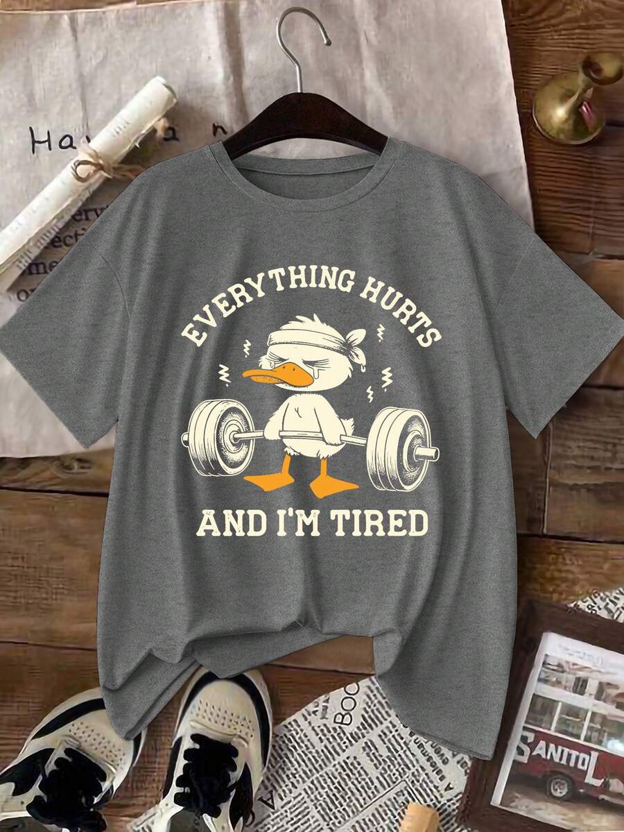 INAWLY Funny Bodybuilding Duck Graphic Casual Round Neck T-Shirt For Women