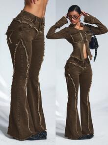 Jeanoix Jeans de campana de tiro bajo lavados con dobladillo deshilachado para mujer - Albaricoque - Ver 1