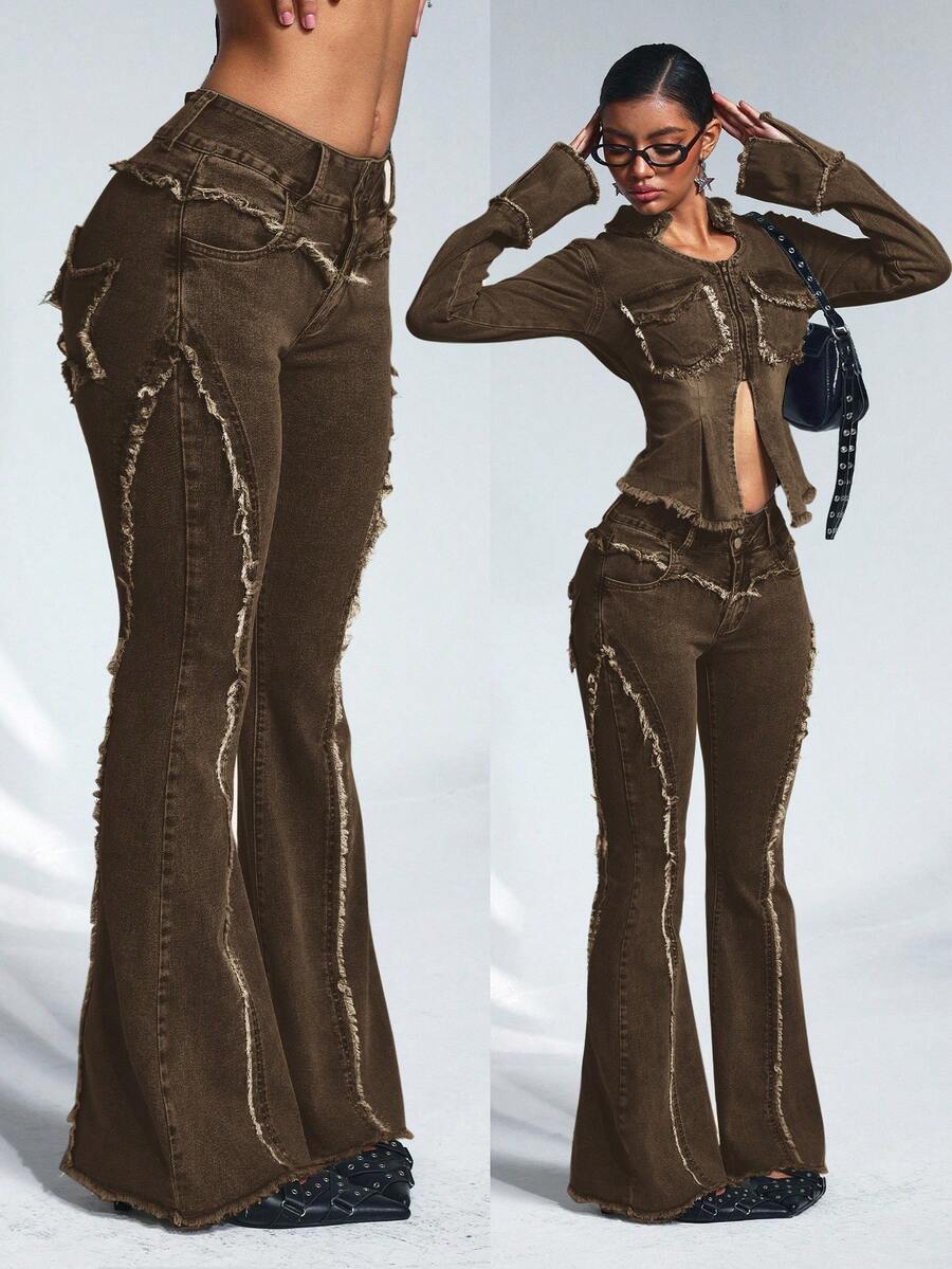 Jeanoix Jeans de campana de tiro bajo lavados con dobladillo deshilachado para mujer - Albaricoque - Ver 1