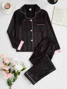 Tween Girls Pajamas-2 Pieces Pajama Set Black Satin Look Piped Pink Trim Long Sleeve Notched Collar Button Front Chest Pocket Long Pants Sleepwear Loungewear Lightweight All Season Holiday 2026 Essential Elegant Classic Chic - Black - View 3