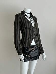 EgrlEra 女士复古性感时尚V领办公室休闲衬衫 - 黑色 - 查看 3