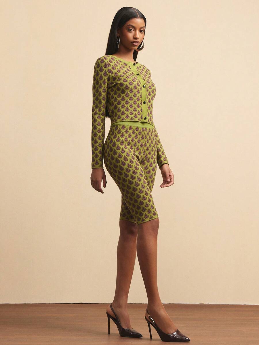 NYA SZN 中腰七分修身紧身裤，口袋设计，格纹印花图案，适合日常休闲、音乐会、生日约会、商务休闲、办公室等场合，秋冬针织弹力女装 - 綠色 - 查看 1