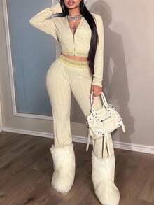 Slaydiva 2025 Winter New Arrivals - New Year, Chinese Festival, Valentine's Day, Party, Evening Party, Date, Gathering, Birthday Party, Preppy Style, Student Wear, Casual Outing, Basic And Versatile, Casual, Cruise Travel, Popular Online Item, Elegant, Commuter, Business Casual, Simple. Features A Fitted Hooded Jacket With A Zippered Hem And Lace Trim, Paired With Fitted Flared Trousers In Apricot Cable Knit. Also Available In Autumn/Winter, Apricot, Party, New Year, Date, Elegant, Commuter, And Casual Styles. Women's Two-Piece Set. - Apricot - View 1