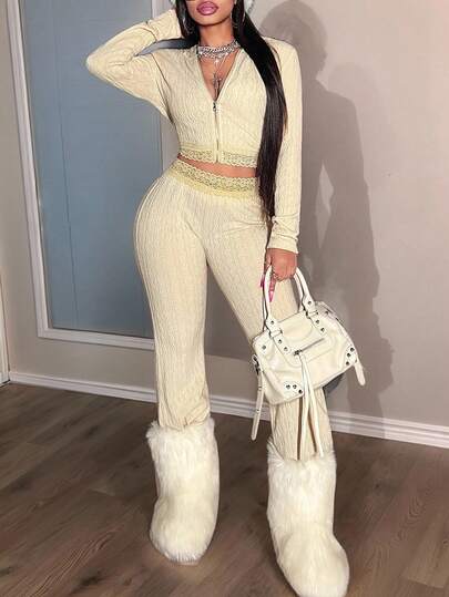 Slaydiva 2025秋冬季新年、情人节、派对、宴会、约会、生日派对、学院风、学生装、日常休闲、百搭、休闲、邮轮旅行、爆款、优雅、通勤、商务休闲两件套：带蕾丝边的拉链连帽外套 + 带蕾丝边的高腰喇叭裤，米色纹理，女士秋冬套装