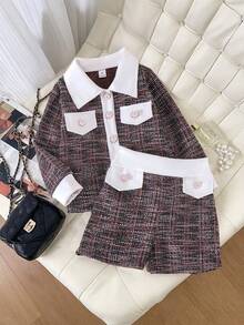 SHEIN Elladie kids 女童可爱黑白长袖假口袋设计外套搭配舒适运动短裤，秋冬套装 - 粉色 - 查看 5
