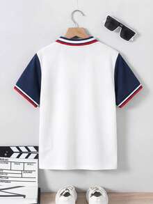 SHEIN 男童休闲撞色 Polo 衫，平领设计，适合秋季、春季、夏季穿着，也适合户外活动、上学、街头穿搭、派对和休闲场合。 - 彩色 - 查看 3