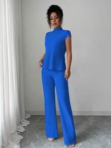 SHEIN Elenzya Set de 2 piezas de top de manga corta acanalado y pantalones elegantes y casuales - Azul - Ver 4