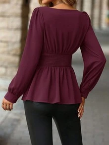 SHEIN Clasi 女士优雅纯色长袖衬衫 - 酒紅色 - 查看 2