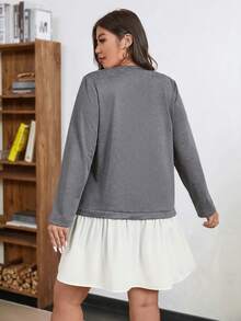 SHEIN LUNE 大码撞色拼接荷叶边圆领秋冬加厚灰白撞色拼接长袖连衣裙，适合节日派对穿着，女士派对礼服 - 黑與白 - 查看 2