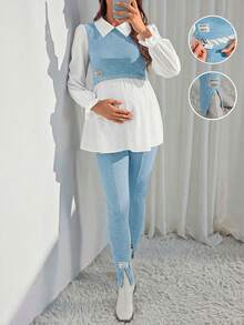SHEIN Maternity Spring And Summer Clothing New Fashion Casual Contrasting Color Stitching Long Sleeve Two Pieces Set - Baby Blue - View 1