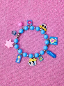 THE POWERPUFF GIRLS X SHEIN Nuevo brazalete de cuentas con patrón de dibujos animados de aleación de zinc, colorido, casual y lindo, adecuado para fiestas, conciertos y festivales - Celeste - Ver 2