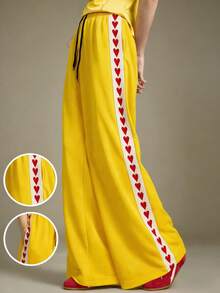 Elnivra Glissea 新款复古美式风格弹力腰阔腿裤，高腰宽松百搭运动裤，带爱心针织抽绳 - 黃色 - 查看 3