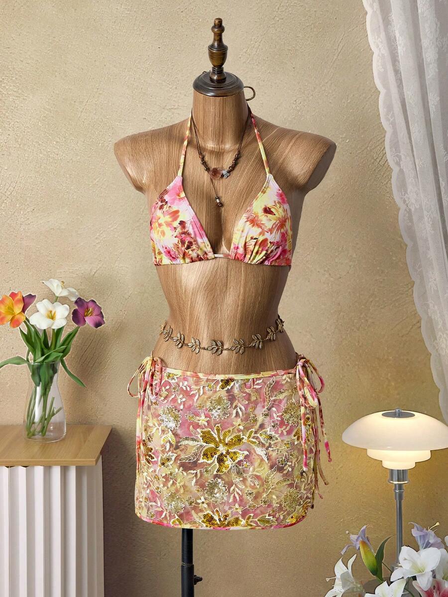 Bellisia 2026新款女士泳装到货，三件套性感印花串珠泳衣，适合上学、度假、约会、下午茶、西式、邮轮、海滩、海岛、公路旅行、四季皆宜、音乐节、波西米亚风度假、秋日休闲、西部波西米亚风、优雅女士Y2K服装、女士度假套装、派对套装、情人节套装、夏季度假套装、女士两件套夏季套装、夏季半裙套装、女士夏季两件套度假套装、女士半裙套装、女士夏季两件套节日两件套、女士两件套夏季套装、女士夏季两件套节日两件套、度假套装、女士半裙套装、女士两件套夏季套装、女士夏季两件套节日两件套 - 彩色 - 查看 1