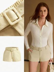 MOTF PREMIUM SHORT FEMME DE COULEUR UNIE À TAILLE BASSE AVEC BOUCLE ET CEINTURE, AUTOMNE/HIVER - Kaki - Voir 1